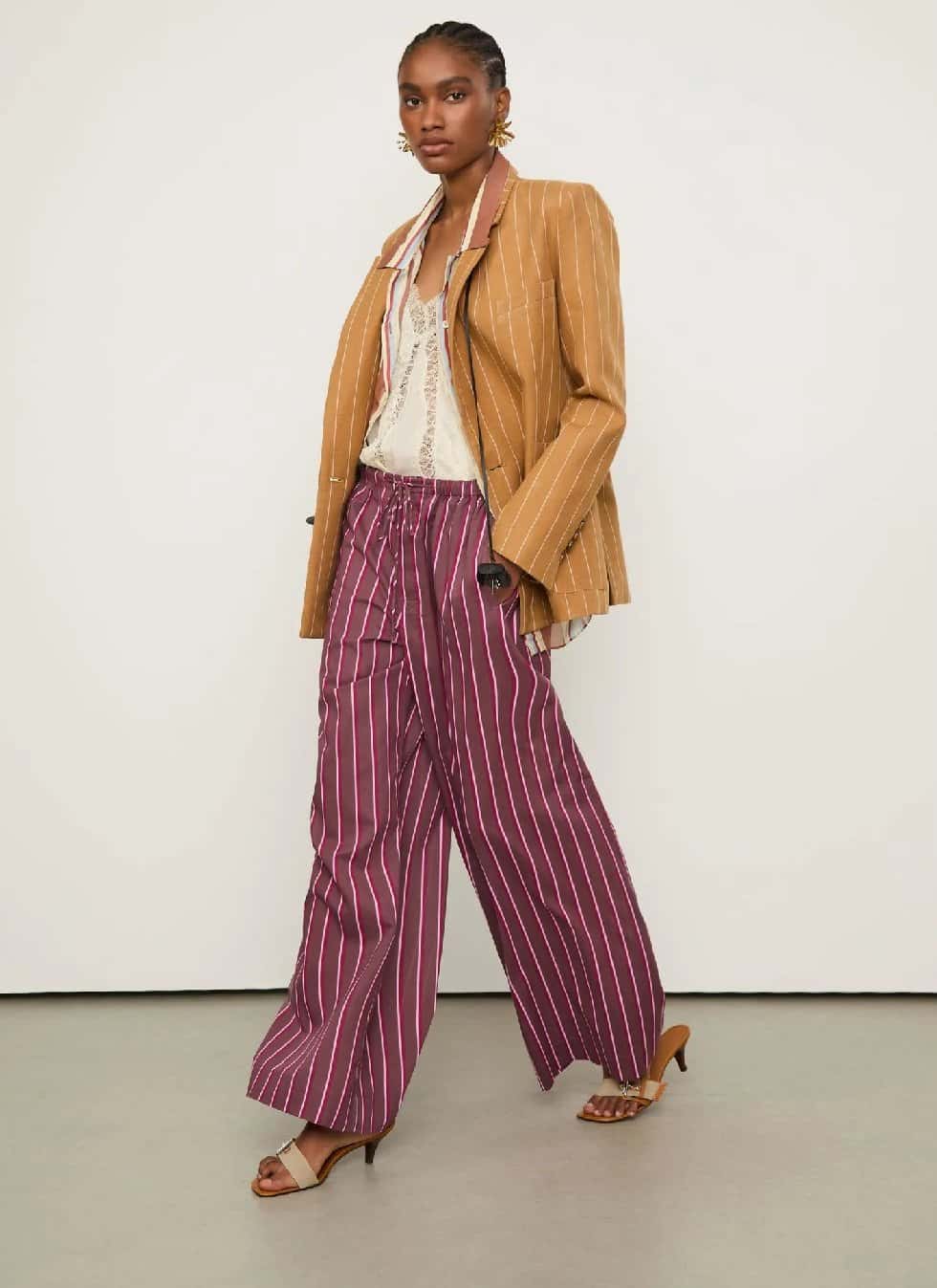Animale Calça De Voil Listrada Marrom Taupe